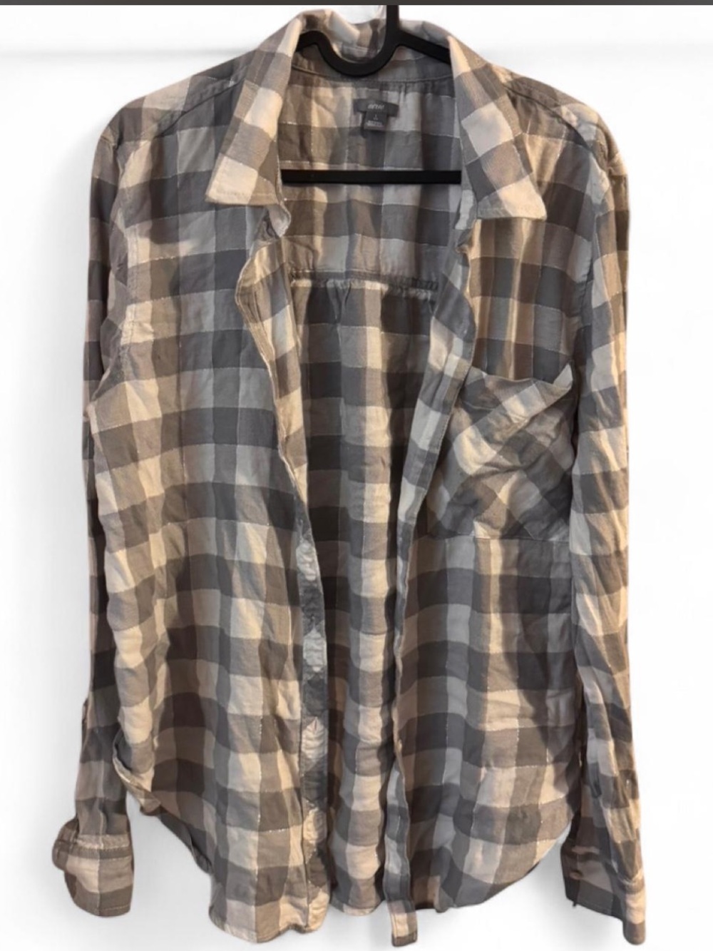 Aerie grey & white with silver glitter stitching plaid button up LARGE